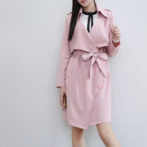 2015秋裝新款韓版女裝中長款皮粉色休閑大碼寬松 女士風衣外套_服飾鞋